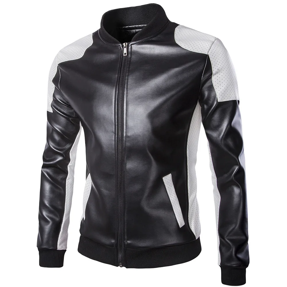 

Spring men leather jacket fashion black white patchwork windproof PU jacket Casual men stand collar zipper bomber coat outerwear