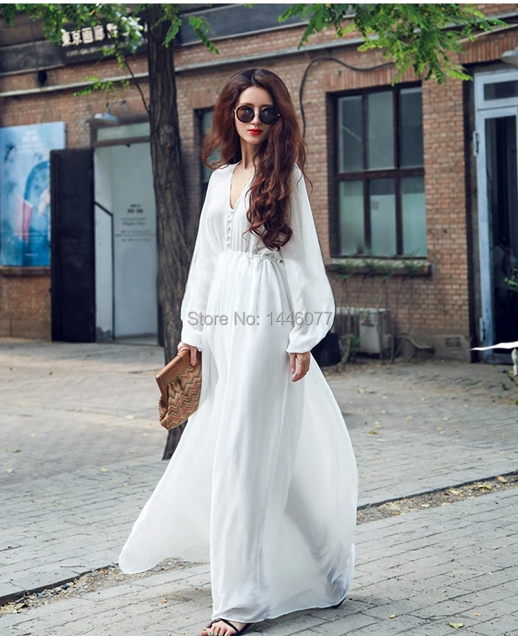 New 2015 Sexy Women Long Sleeve White Chiffon BOHO MAXI Dress Party Beach Prom V neck Lantern Solid Dresses Hot | Женская одежда