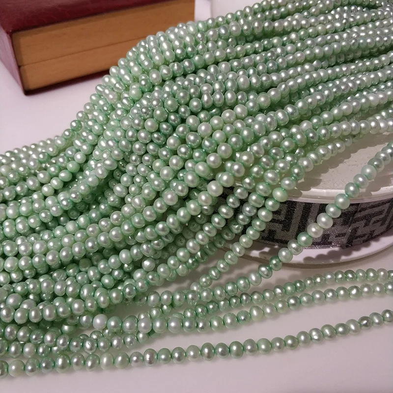 

JYX New DIY pearl strings handmaking material vivid green 3.5-4mm Round Natural Freshwater Pearl String DIY Jewelry 15"