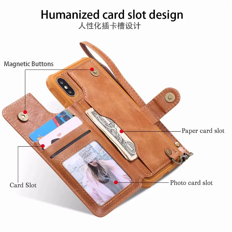 Hand Strap with Retro PU Leather Case For iPhone X 6 6s 7 8 Plus Multi Card Holders Cover Shells |