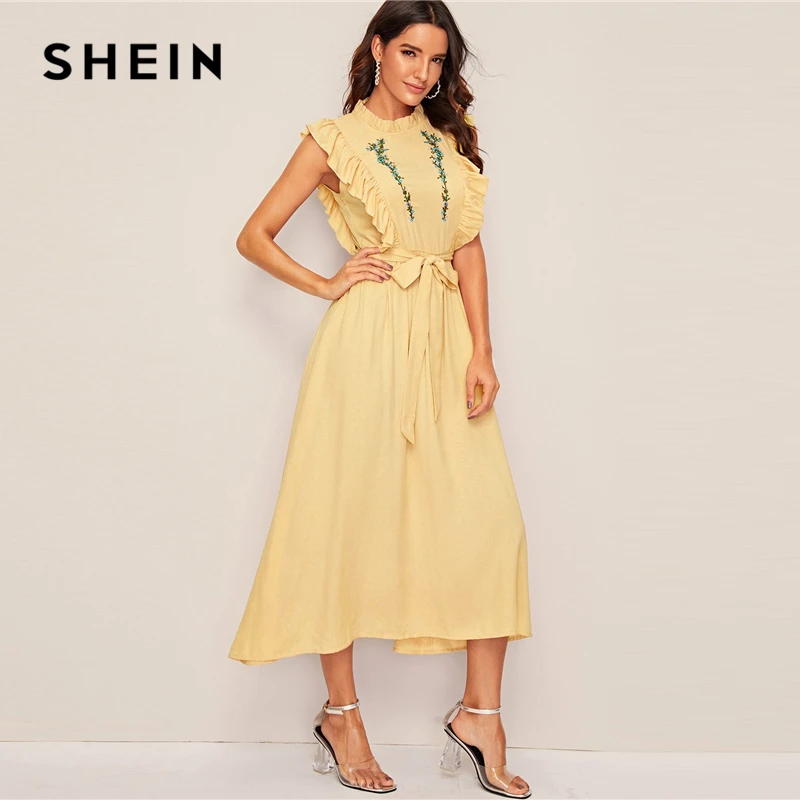 SHEIN модное платье с оборками, цветочной вышивкой, поясом, на молнии, стоячим воротником, без рукавов, Boho, ТРАПЕЦИЕВИДНОЕ летнее женское платье