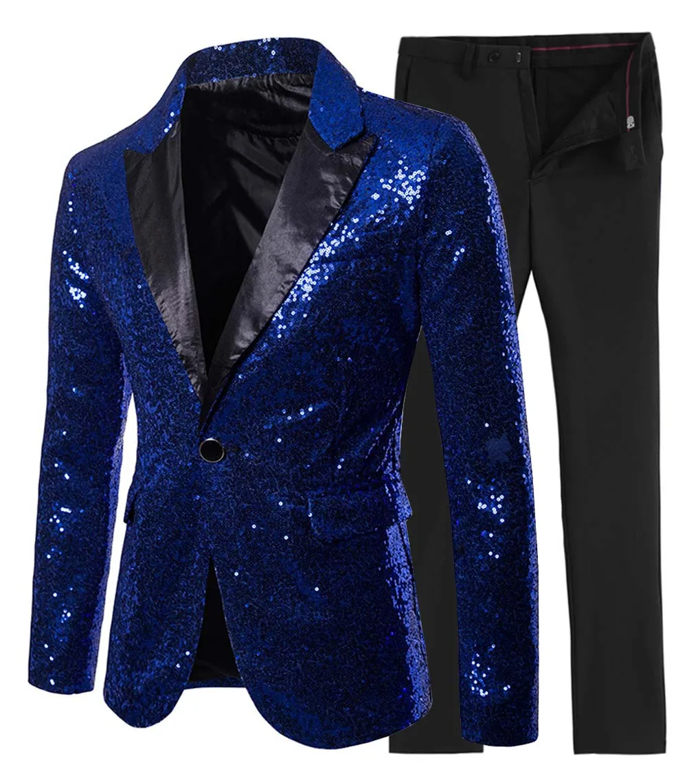 Royal Blue Новинка, золотой/зеленый мужской костюм из 2 предметов с блестящими пайетками, приталенный смокинг на одной пуговице с отворотом для свадебной вечеринки(Блейзер+ брюки - Цвет: Royal Blue