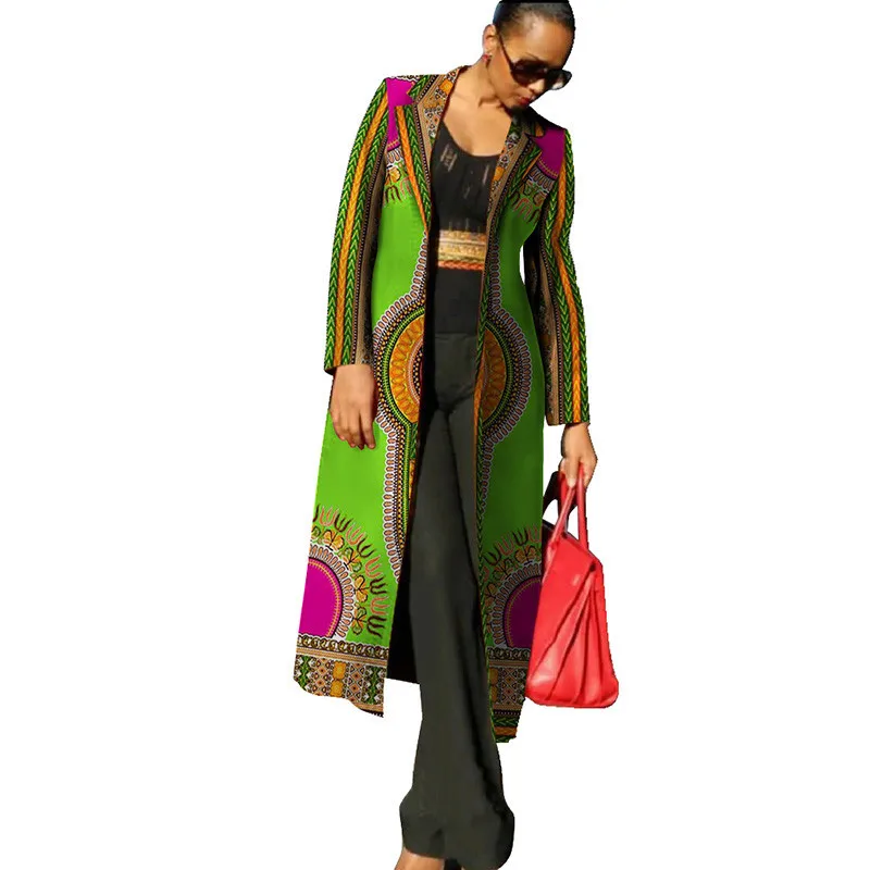 Dashiki African Clothing for Women Full Sleeve Wedding Dresses Bazin Riche Mid Calf Length Print Trench Coat | Тематическая одежда