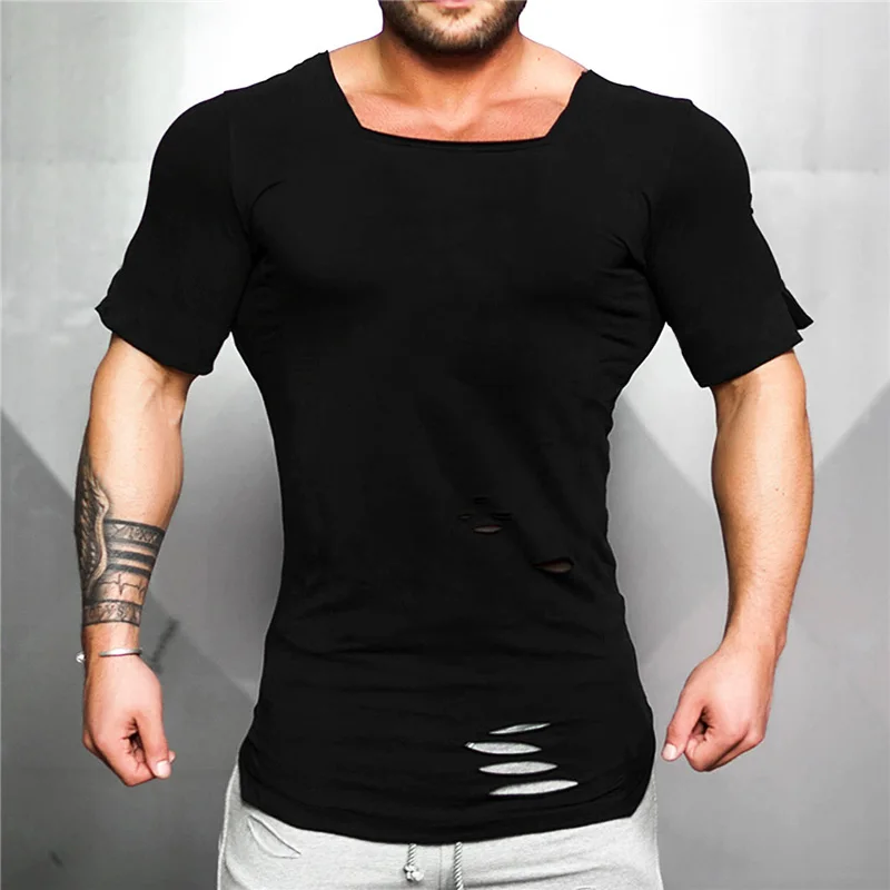 

Muscleguys Brand 2020 Long T Shirt Men Fashion Hole Distressed Fitness T-shirt Summer Short Sleeve Solid Slim Fit Hip Hop Tshirt