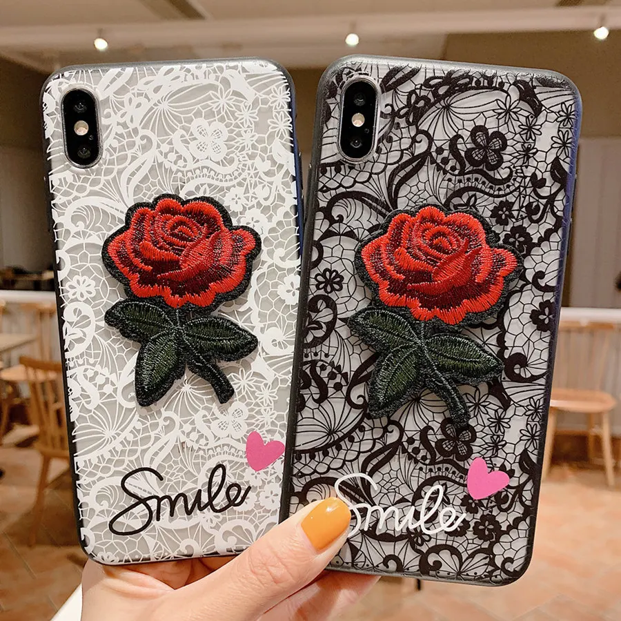 Ретро 3D Роза вышивка наручный ремешок телефонные чехлы для iPhone X XR XS Max кружева