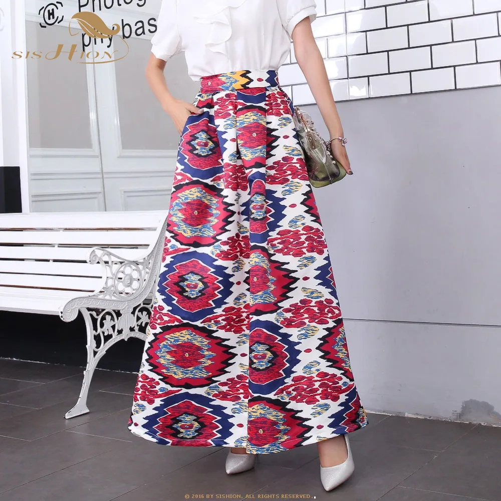 

SISHION Floral Print Striped Women Long Skirt with Pocket QY0056 Plus Size High Waist Ladies Summer Beach boho Maxi Skirt