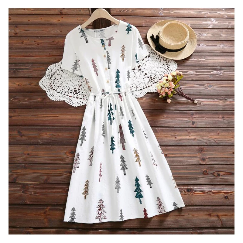 Mori Girl Cotton Linen Vintage Summer Women Clothing O-neck Tree Printed Dress Short Sleeve Loose Casual Vestidos PP-361 | Женская