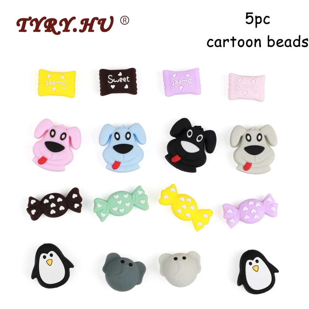 

5pc/lot Food Grade Cartoon Silicone Beads Mini Candy Penguin Puppy Elephant Baby Teether BPA Free DIY Baby Teething Toys