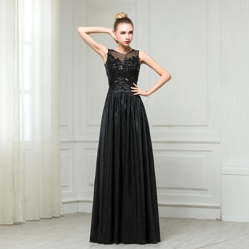 ZZ ЛЮКС Тафта Рукавов О Образным Вырезом Блестками A Line Длинное Вечернее Платье