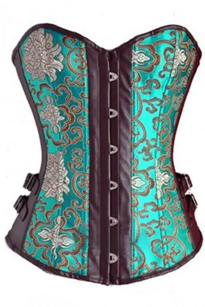 good quality &ampCoffee Faux Leather Trims Turquoise Brocade Corset LC5307 Bustier with G string Set Lingerie | Женская одежда