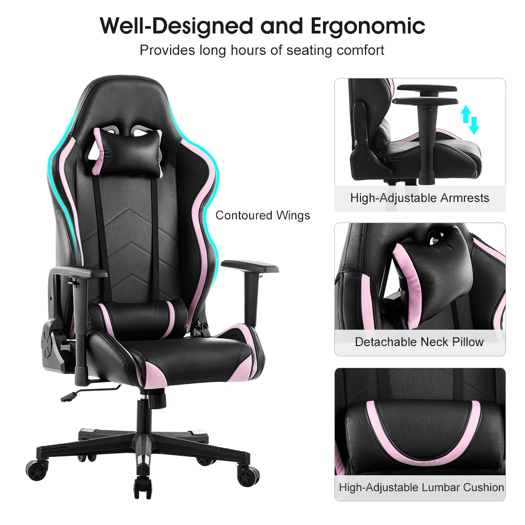 Pink LANGRIA execior вращающееся компьютерное игровое кресло с высокой спинкой В гоночном стиле из искусственной кожи, Регулируемая поясничная поддержка шейки шеи, подушка - Цвет: Pink