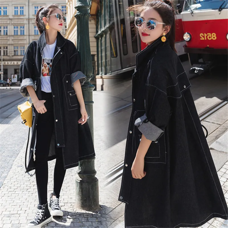 Модный женский джинсовый тренчкот весна-осень 2019 длинные пальто свободные