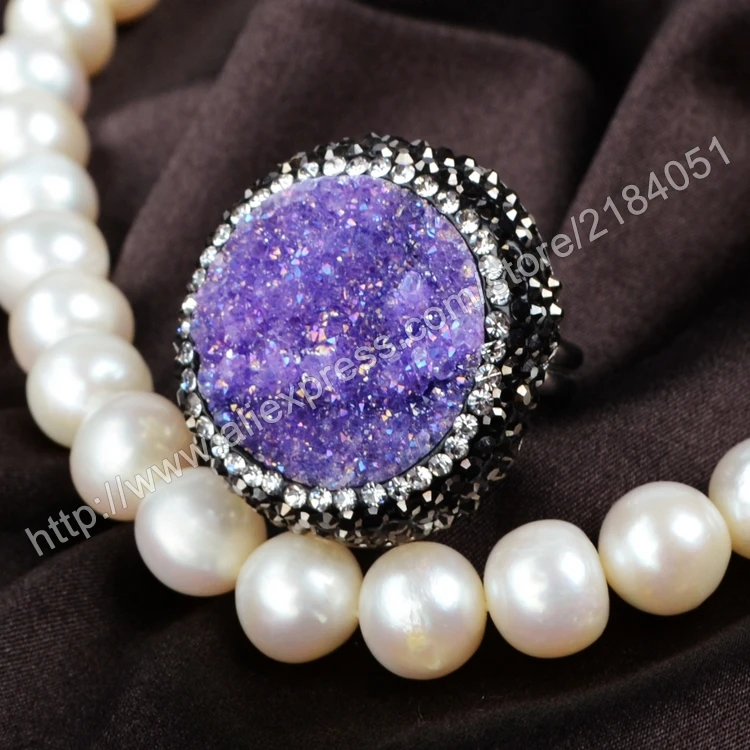 Round Dyed Purple Agate Druzy Geode Ring For Woman Gun Black Crystal Rhinestone Pave Zircon Fashion Design JAB084-4 | Украшения и