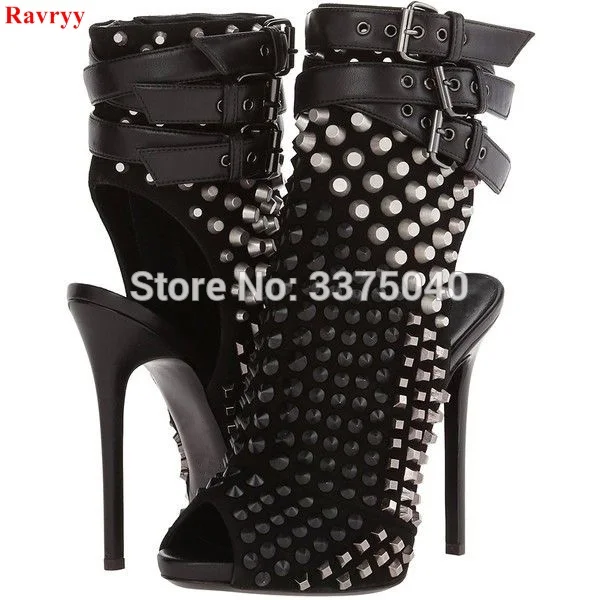Women black leather open toe ankle boots summer spike heel fashion buckle straps high zippers shoes woman | Обувь