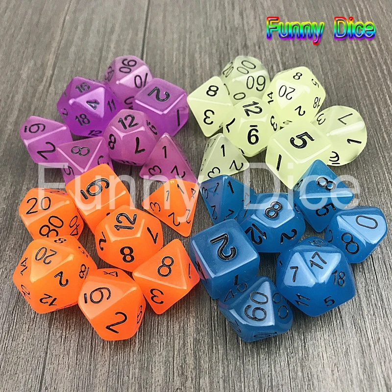Wholesales Hot 7pcs/set High Quality Colorful Glowing Dice Set D4,D6,D8,D10,D10%,D12,D20 for Dungeons and Dragons,novelty RPG