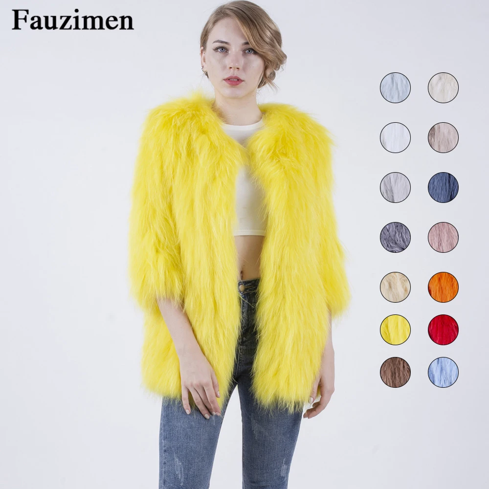 Высокое качество зима вязание натуральный мех енота пальто для женщин