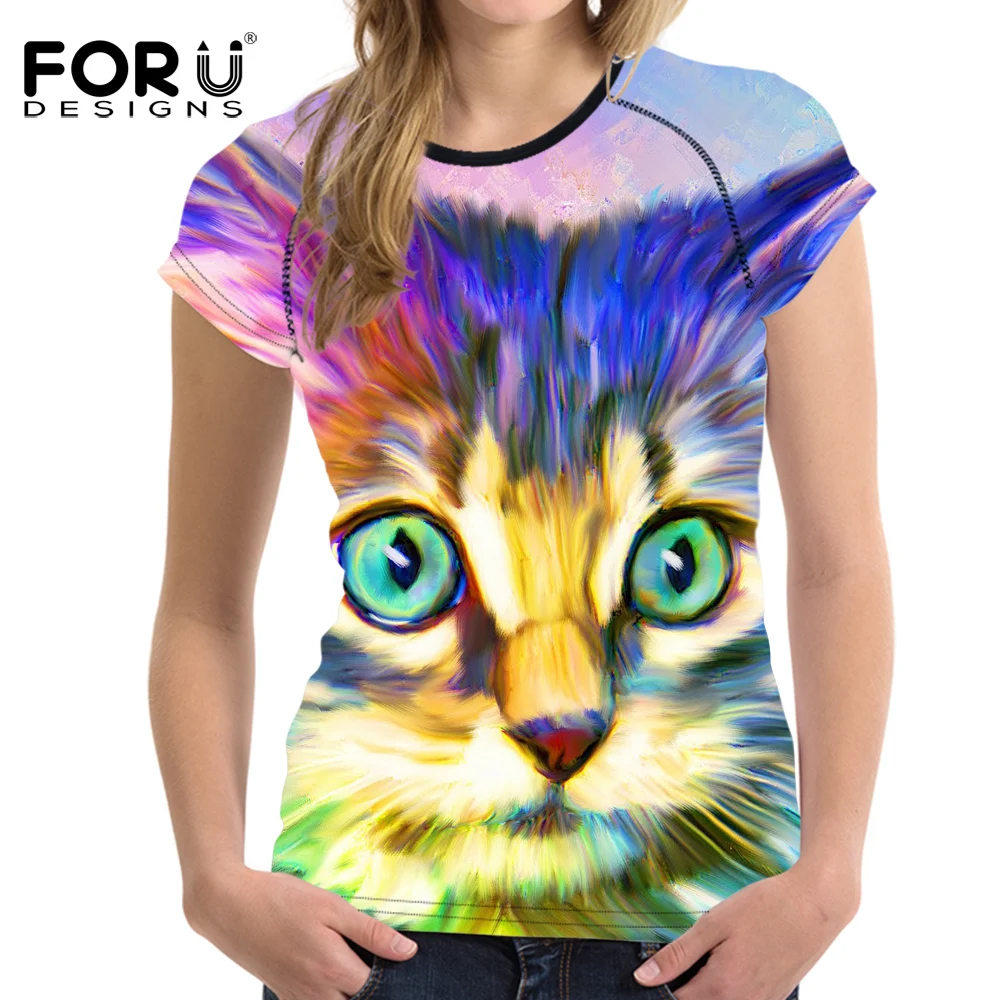 FORUDESIGNS/брендовая одежда женская футболка с 3D рисунком кота 2018 летние женские
