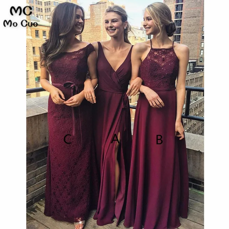 

2020 Burgundy Bridesmaid Dresses Long with Lace Short Sleeves ABC Design Wedding Party Dress Bridesmaid Dress