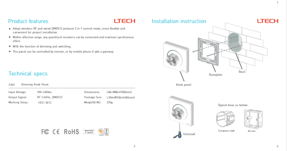 LTECH EX61 Dimming Knob Panel AC100~240V Input 2.4GHz DMX512 Output Wall Mount LED Controller Dimmer For Led Lights | Освещение