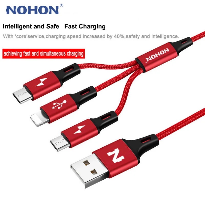 Оригинальный кабель NOHON 3 в 1 Type C 8Pin Micro USB для iPhone 7 6 6S Plus iOS 10 9 8 Samsung Xiaomi Nokia быстрой