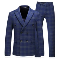plaid men suit double breasted wedding 2021 tuxedo groom formal mens 3 pieces plus size 5xl blue male suits