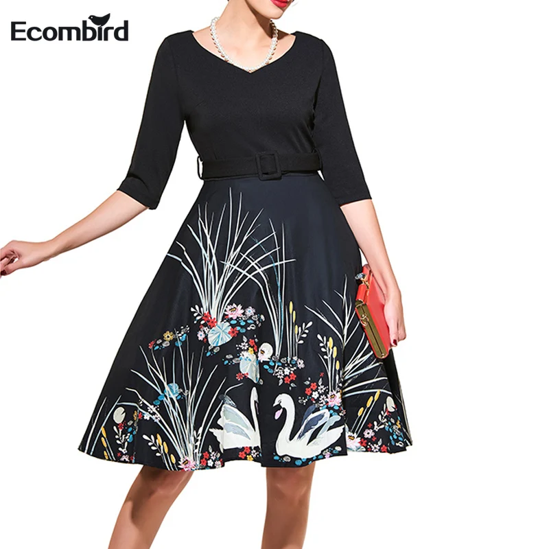 Осень Винтажные наряды животного Цветочный принт Swing Dress for Для женщин V шеи Линия