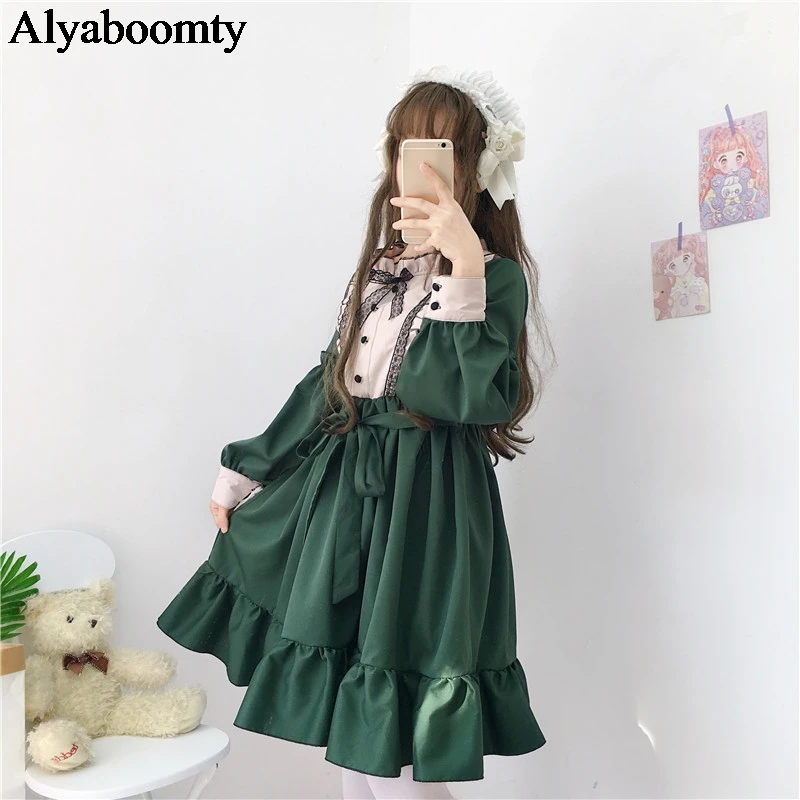 Японское осенне весеннее женское вечернее платье зеленое элегантное готическое