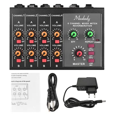 Black EU Plug Muslady M-228A аудио DJ микшер компактный Размеры 8-канальный подойдет как для повседневной носки, так/стерео с реверберация(Функция 60Гц Частотный резки - Цвет: Black EU Plug