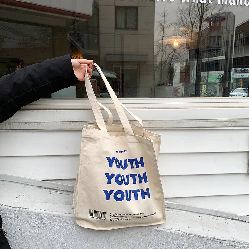 

Youda Women Canvas Shopping Bag YOUTH Letters Print Female Cotton Cloth Shoulder Bag Eco Handbag Tote Reusable Grocery Schoolbag
