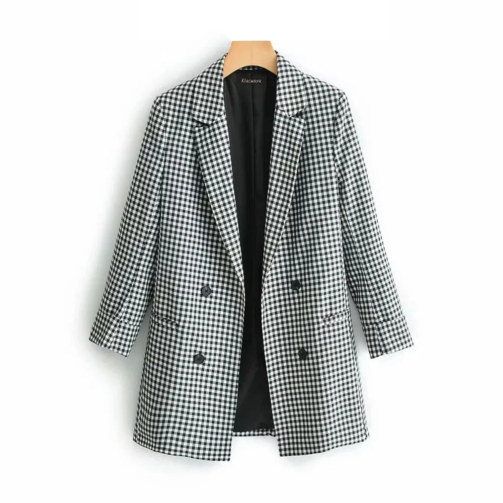 black plaid Klacwaya, Элегантный женский Блейзер, костюм,, для офиса, для девушек, модные блейзеры, с зубчатым воротником, куртки, корейский стиль, для девочек, повседневная одежда, костюмы - Цвет: black plaid