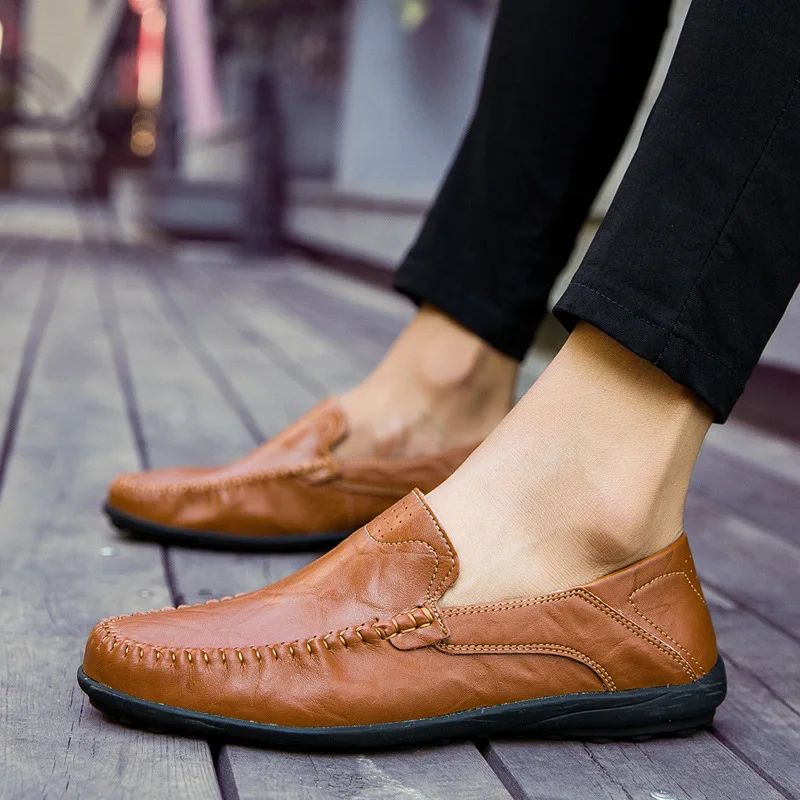 Men's Casual Leather Shoes Loafers Boat Slip On High Quality Fashion Outdoor Sneakers Soft Bottom Flats Plus Size | Обувь