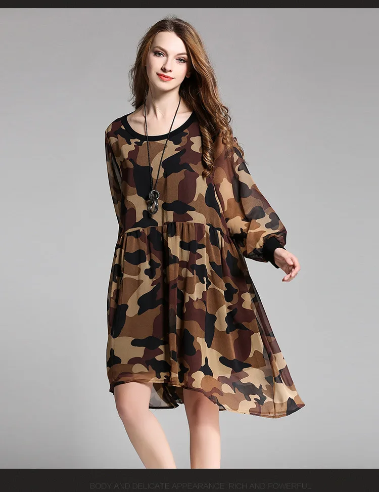 Новые 2016 Весна Европейский Для женщин камуфляж свободный крой шифоновые платья