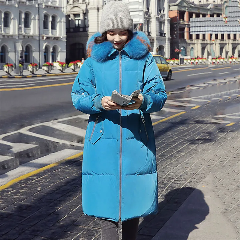 Female Down Jacket 2018 New Korean Long Coats Loose Fashion Fur Collar Hooded White Duck parkas Winter Jackets Women XY767 | Женская