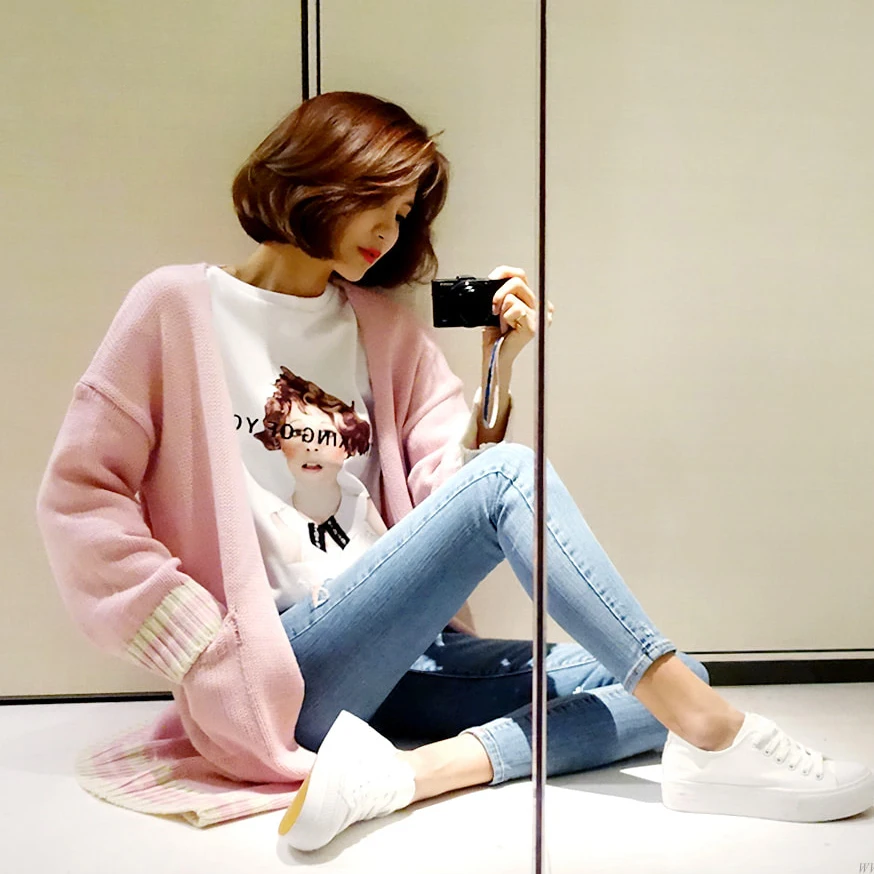 Autumn Winter Women Sweater 2018 New Korean Style Oversized Long Cardigan With Ribbed Striped Solid Pink Navy Blue Female Jacket |