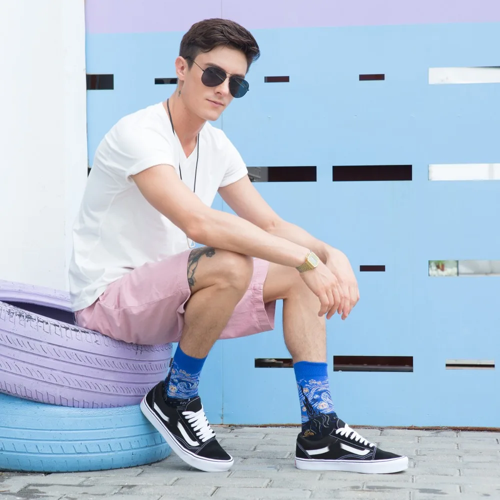 5 пар/партия мужские носки из чесаного хлопка Мона Лиза Ван Гога|Мужские носки| |