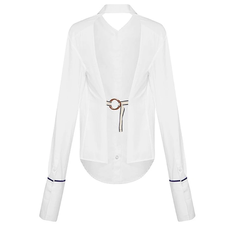 

AEL Sexy Women Open Back Blouse Shirts Tops Backless Long Sleeve Summer Female Shirt White Solid Shirts Metal Ring Belt 2019