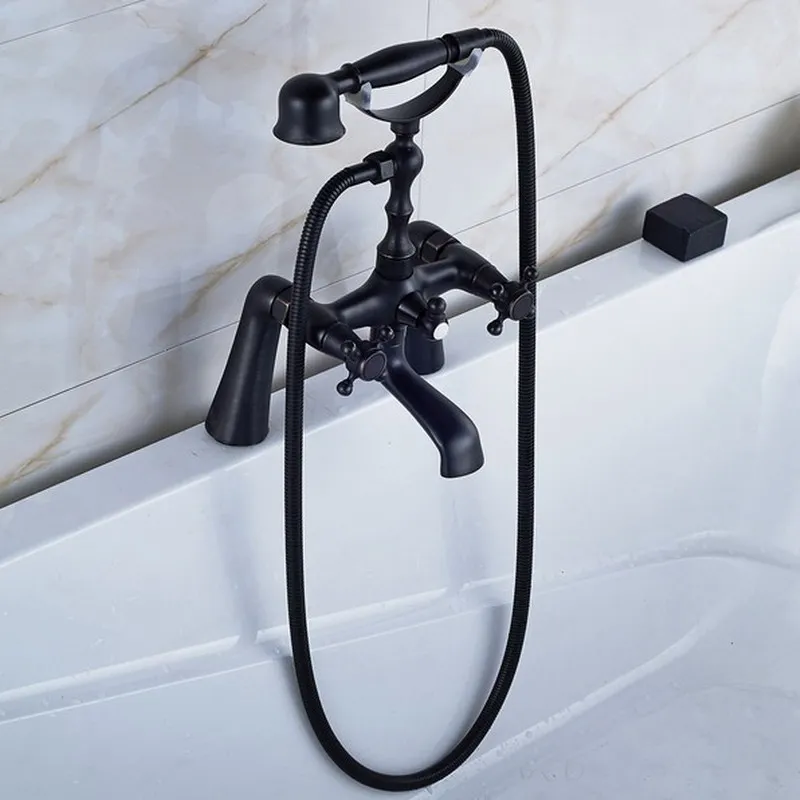 

Black Oil Rubbed Bronze Double Cross Handles Deck Mounted Bathroom Clawfoot Bathtub Tub Faucet Mixer Tap w/Hand Shower ahg024