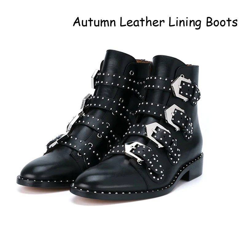 Autumn Leather Boots Teahoo/ботильоны из натуральной кожи для женщин; винтажные женские ботинки с заклепками и 4 пряжками; Роскошные брендовые мотоциклетные женские туфли в стиле панк - Цвет: Autumn Leather Boots