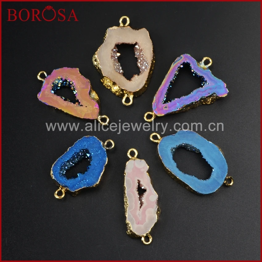 BOROS 10 шт. Золотая радужная кулон из титана Agates Druzy Slice Коннектор с двойным