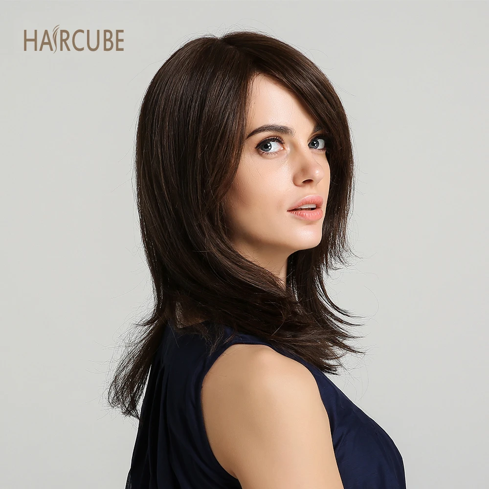 Haircube 16 дюймов Синтетические волосы на кружеве парик натуральные волны коричневый цвет Длинные бесклеевые волосы парики с челкой боковая часть