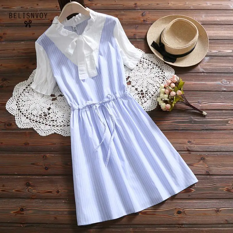 Preppy Style Summer Women Dresses Patchwork Pink Blue Bow Girl's School Uniform Dress Elegant Short Sleeve Kawaii Striped | Женская