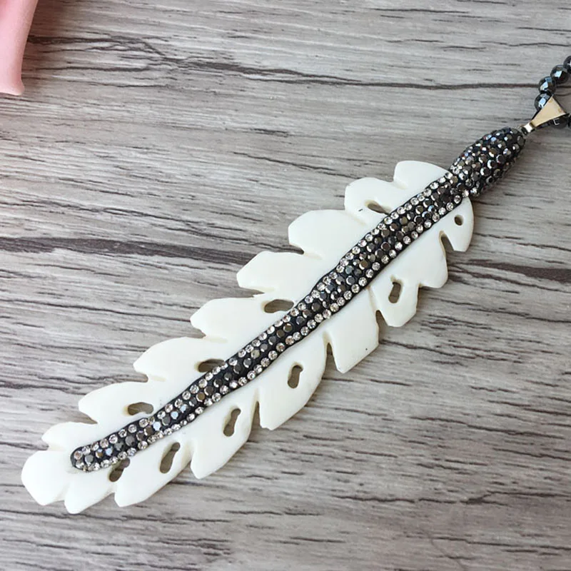 

5 Strands Hematite beads necklace,Unique bone feather Pendant pave Crystal Rhinestone necklaces NK204