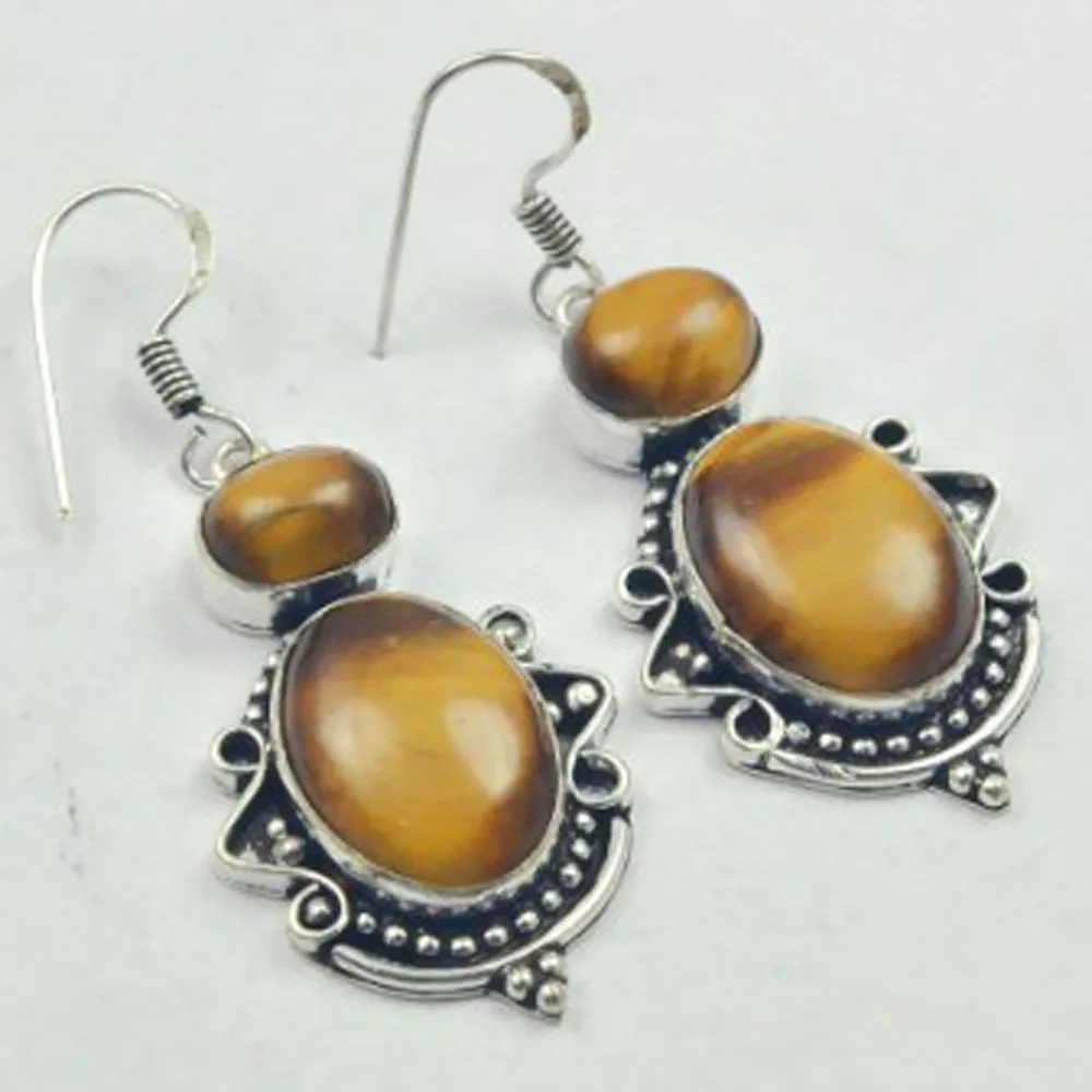 

Tiger Eye Earrings Silver Overlay over Copper, USA Size 54mm , E3542