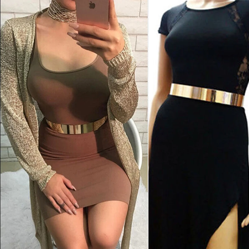 Womens Gold Belt High Waist Metal Mirror Metallic Plate Wide Obi Band Chains NEW | Аксессуары для одежды