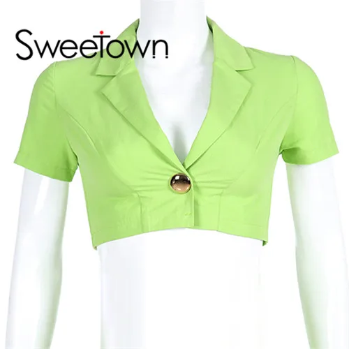 top Sweetown зеленый офисный женский спортивный костюм, женский укороченный жакет с отложным воротником и юбка, сексуальный комплект из двух предметов, юбка, летняя одежда - Цвет: top