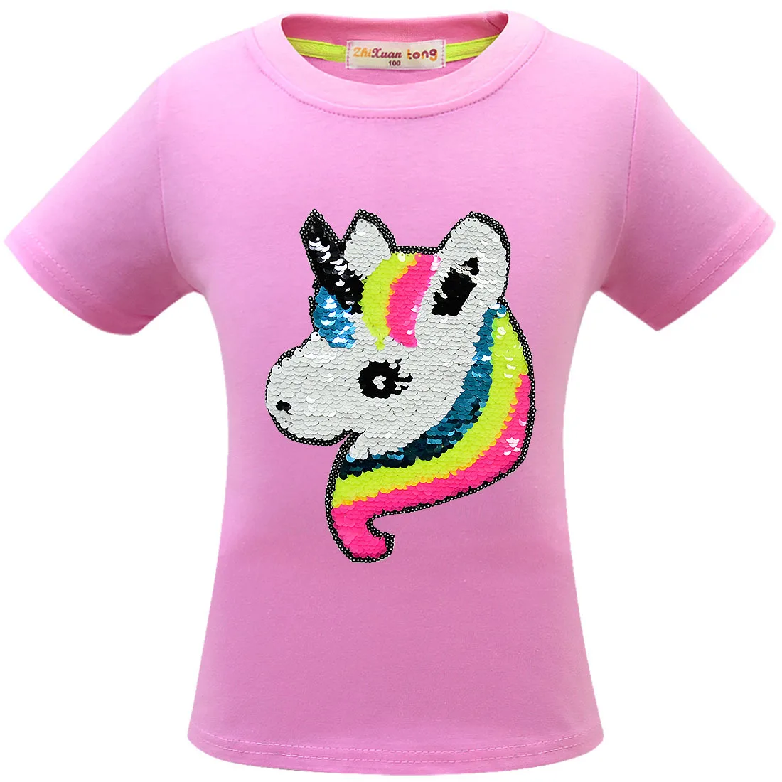 100% cotton Toddler Kids 2019 New Girls Unicorn Clothing Tops Summer Short sleeve Double-sided sequins T-shirt Clothes | Мать и ребенок