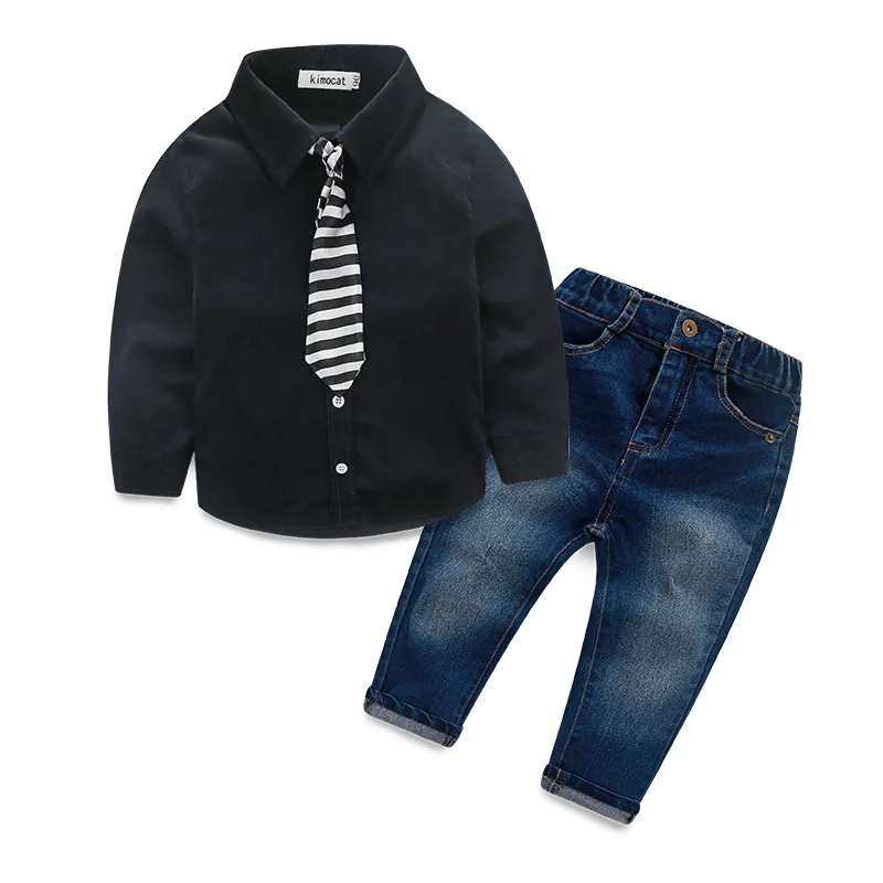 Fashion Children's clothing sets autumn&ampspring Baby Boys child denim suit set cotton long sleeve dress shirts+trousers jeans+tie |