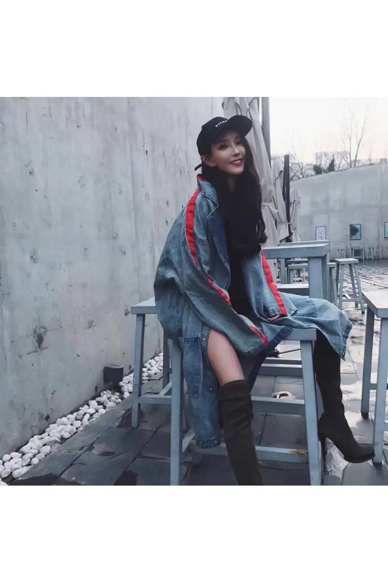 

Women's Casual Denim Trench Coat Fall Winter Female Loose Single Breasted Vintage Outerwear Letter Printed Long Windbreaker