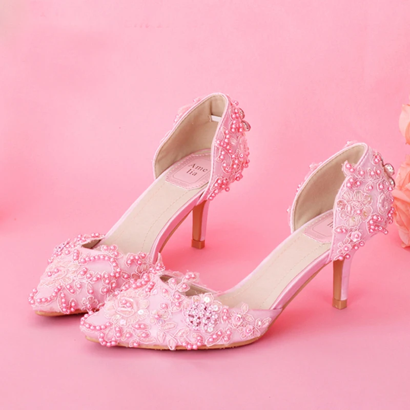 Женские туфли-лодочки элегантные розовые кружевные туфли для выпускного вечера