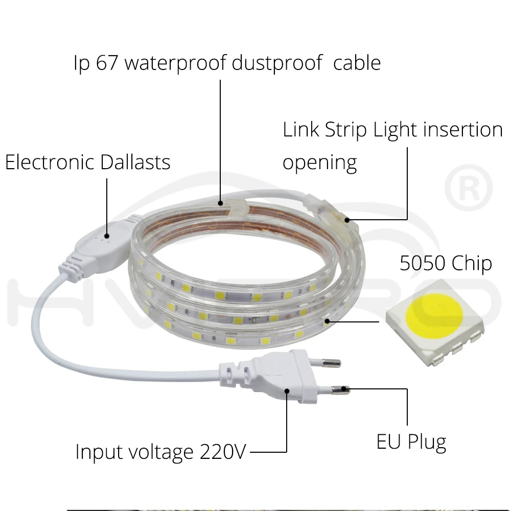 Водонепроницаемый 5050 SMD, Светодиодная лента переменного тока 220 В, гибкая светодиодная лента, праздничный светильник, настольная лампа, лампа для книг, уличный садовый светильник, с европейской вилкой